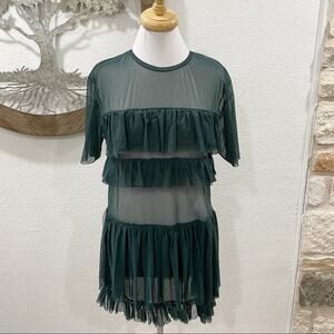 Lea Peckre Sheer Mesh Tiered Tunic Mini Dress Cover Up Hunter Green